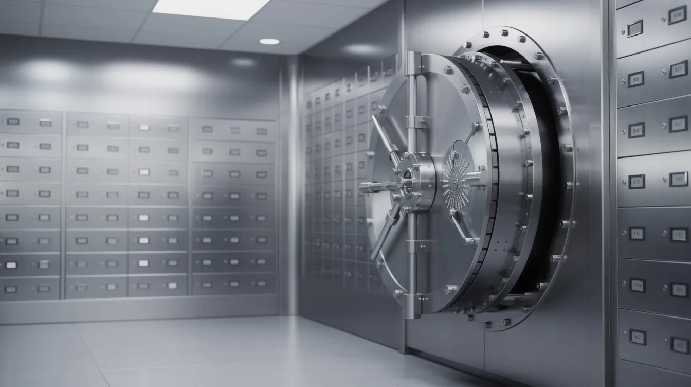 The image depicts a secure vault door, prominently featuring safety deposit boxes, symbolizing the storage of precious metals and investments such as gold and silver. This representation highlights the importance of secure storage in retirement portfolios and the precious metals industry.