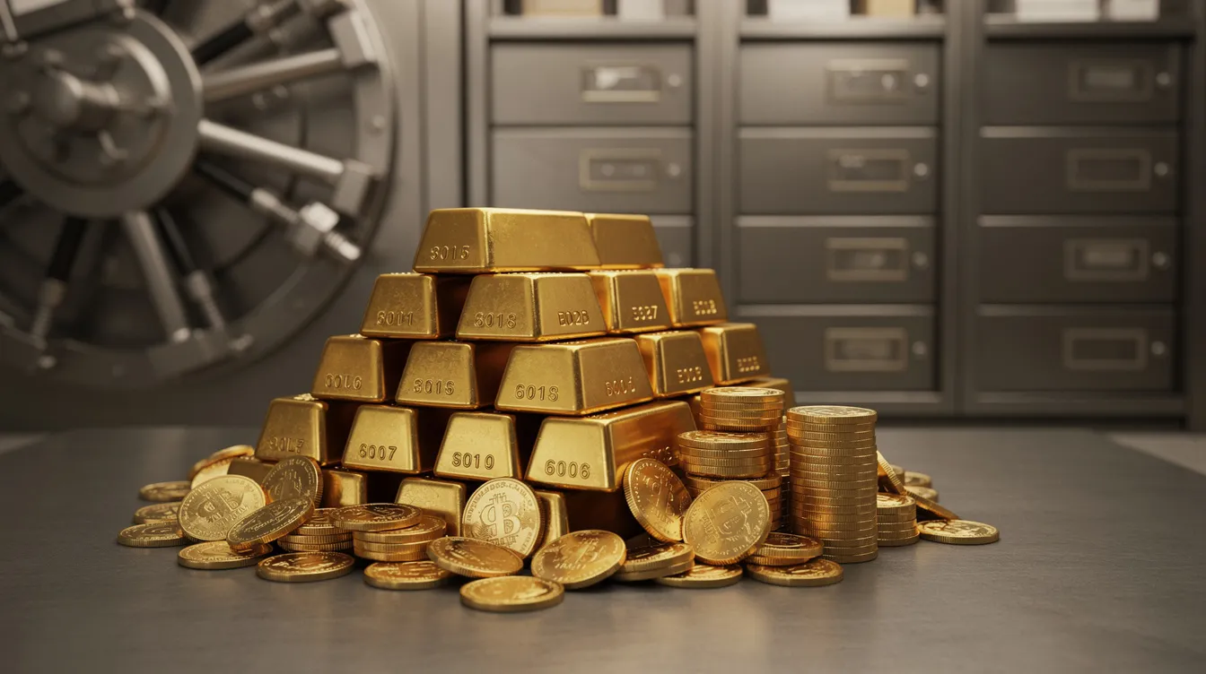 The image features neatly stacked gold bars and coins within a professional vault, highlighting the secure storage of precious metals investments. This setting emphasizes the importance of physical gold and other approved precious metals for a diversified retirement portfolio.
