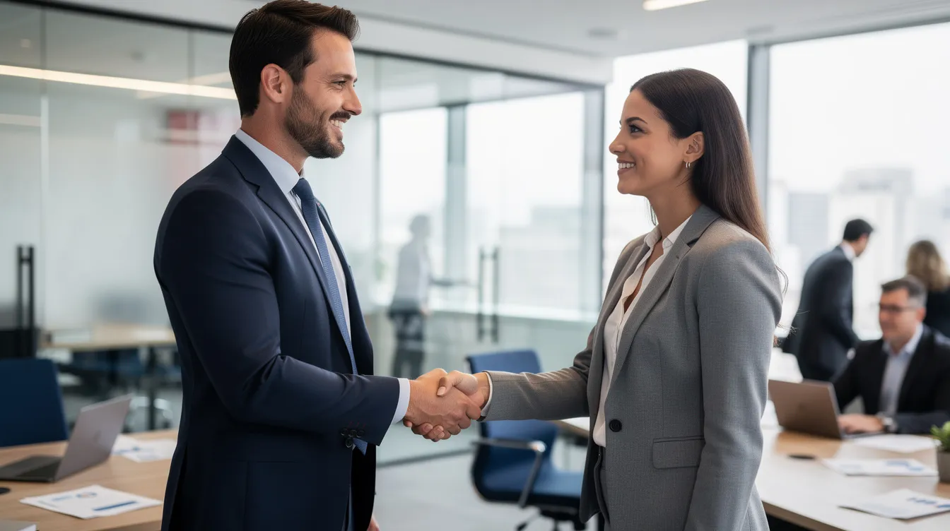 The image depicts two professionals shaking hands in a modern office setting, symbolizing a successful business agreement or partnership. This interaction may relate to investment opportunities, such as precious metals or retirement portfolios, emphasizing the importance of trust in the financial industry.